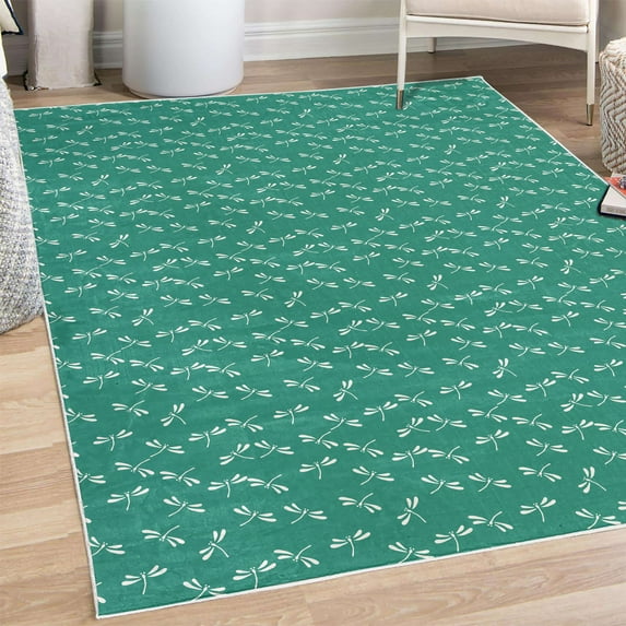 Dragonfly Decorative Rug, Tropical Wildlife Pattern Japanese Style Oriental Nature Inspired Pattern, Quality Carpet for Bedroom Dorm and Living Room, 6 Sizes, Teal White, by Ambesonne