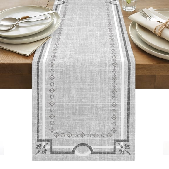 Gray Botanical Table Runner Vintage Florals Geometric Minimalist Tablerunners 14 x 72 Inch, Table Decorations Tabletop Scarf for Summer Gathering Holiday Farmhouse Kitchen Dining Decor