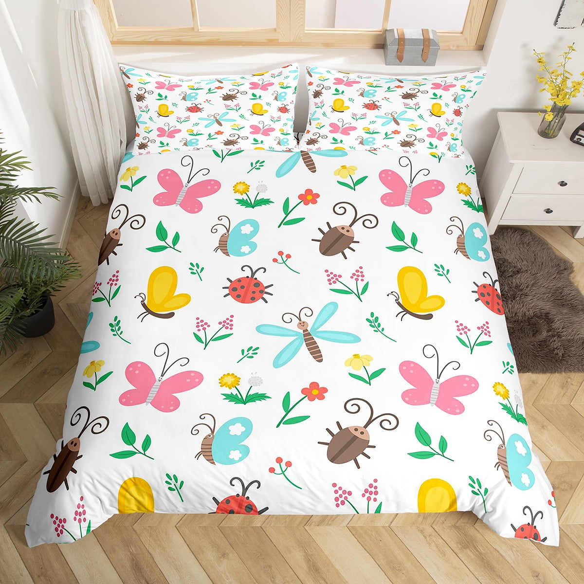 Yellow Butterfly Bedding Set Watercolor Bugs Pattern Comforter Cover