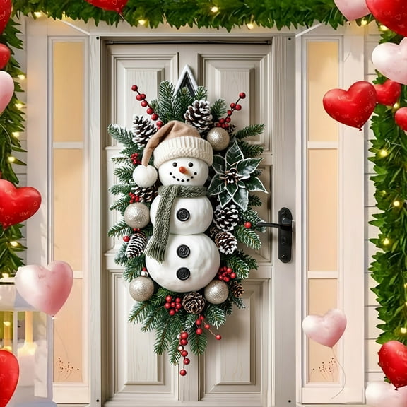 HomeKingdee Snowman Door Cover Christmas Banner for Front Door Outdoor Indoor Decoration Large Holiday Wall Backdrop with Red Scarf Pinecones Santa Hat Winter Decoration