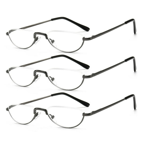 3 Pairs of Mens Half Moon Spring Hinge Gunmetal Reading Glasses 3.00 Womens Fashion Half Round Classic Metal Readers  3.00