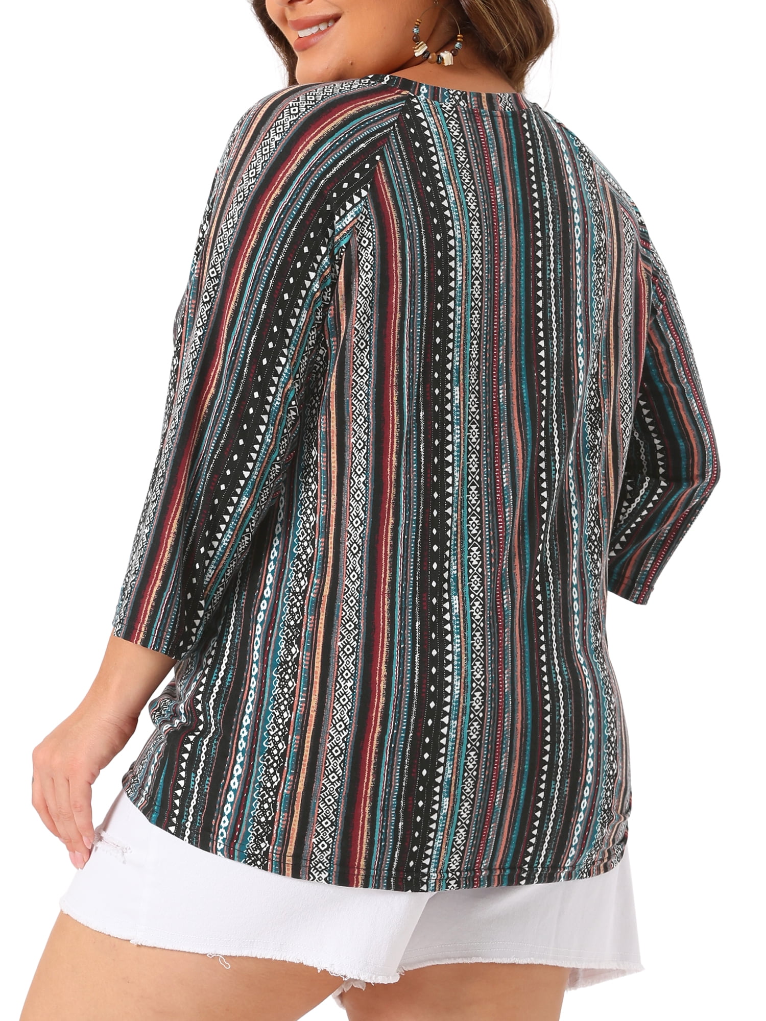 Women's Plus Tops V Neck 3/4 Sleeve Knit Blouse Tee Shirt Stripe Boho Tops 3X Green