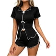 thumbnail image 6 of Tqcoqu Women's 2 Piece Pajama Set, Contrast Trim Bow Decor Short Sleeve Split Front Top & Elastic Waist Lettuce Trim Shorts, Soft Summer Loungewear Sleepwear Outfit Set,Black Women's S-XL, 6 of 6