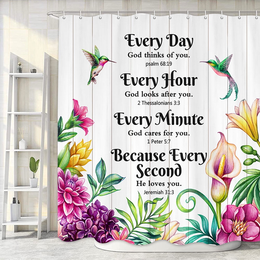 Farmhouse Floral Shower Curtain, Inspirational Bible Verse Motivational Quotes Scriptures on Country Barn Door Bathroom Accessories with Hooks, Waterproof Hummingbird Shower Curtain, 72X72in