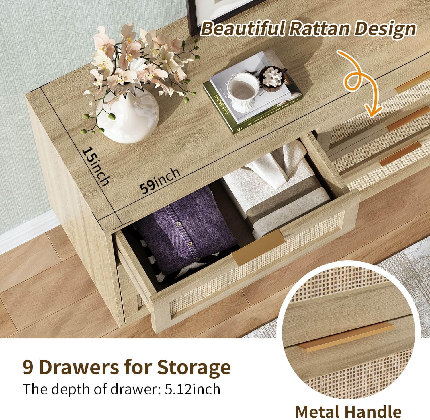 HoopieHome 59'' Boho 9 Drawer Dresser for Adult Bedroom – Rattan, Golden Handles, Wood Legs, Anti-Tipping, Clothes Storage Cabinet