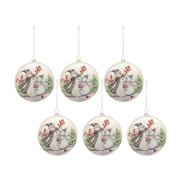 Snowman Christmas Ornaments - Set of 6 Glass Disc Tree Decorations 5.5 Inch