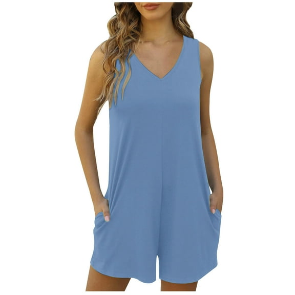 Fmbrln Womens Summer Tank Top Rompers Casual Loose Sleeveless V Neck Solid Color Short Jumpsuits with Pockets Sky Blue XL