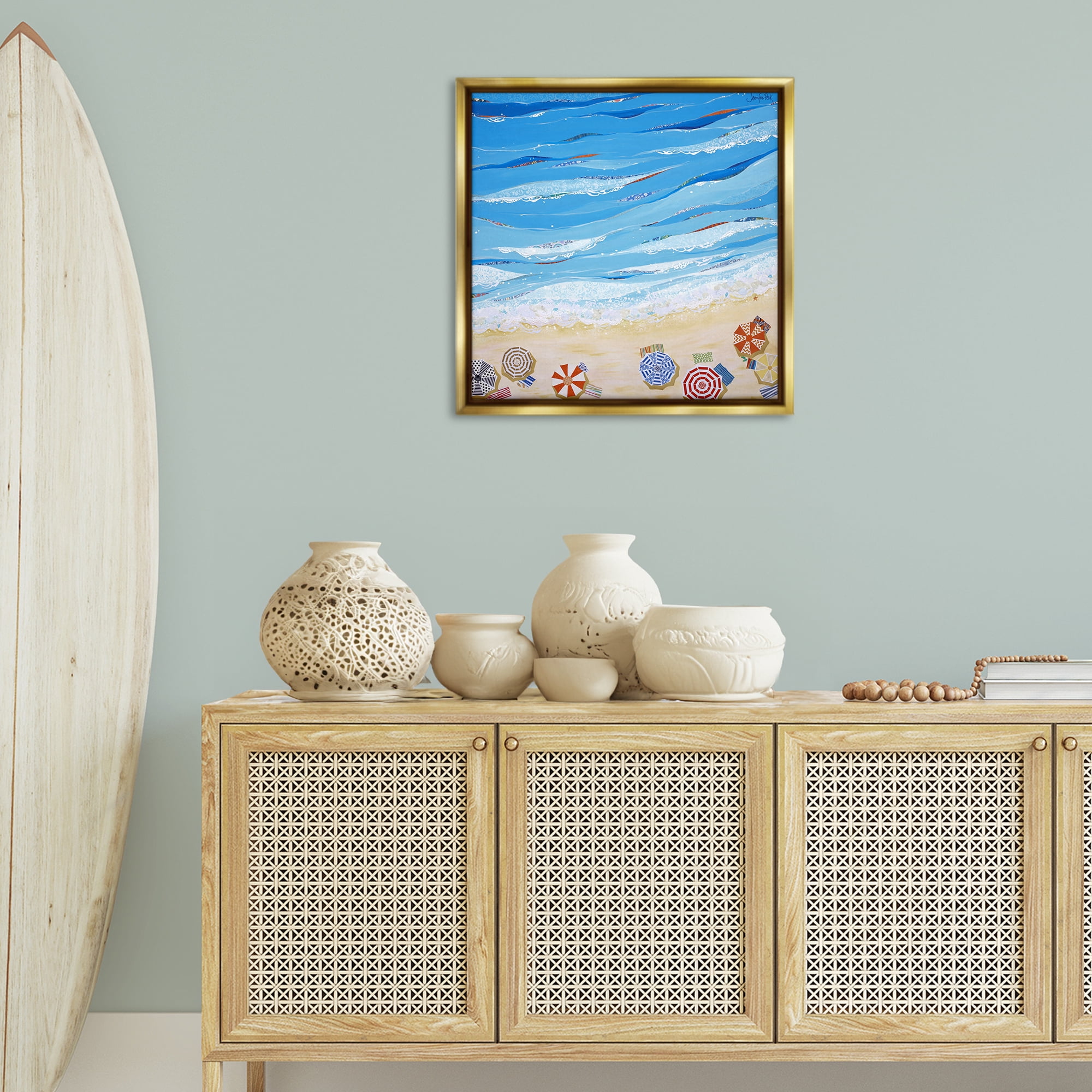 Stupell Industries Made In The Shade Beach Landscape Painting Gold Floater Framed Canvas Art Print Wall Art, 25 x 25