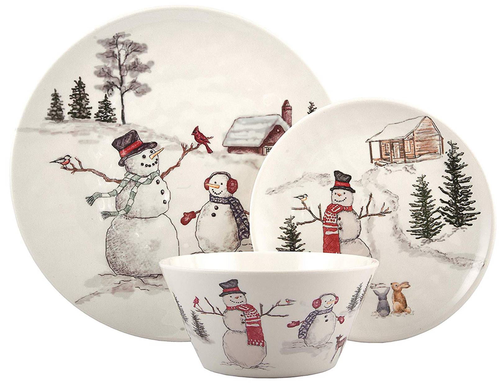 4 Each Christmas Collection-Snowman Melange 12-Piece 100% Melamine Dinnerware Set for Shatter-Proof and Chip-Resistant Melamine Dinner Plate Salad Plate & Soup Bowl 