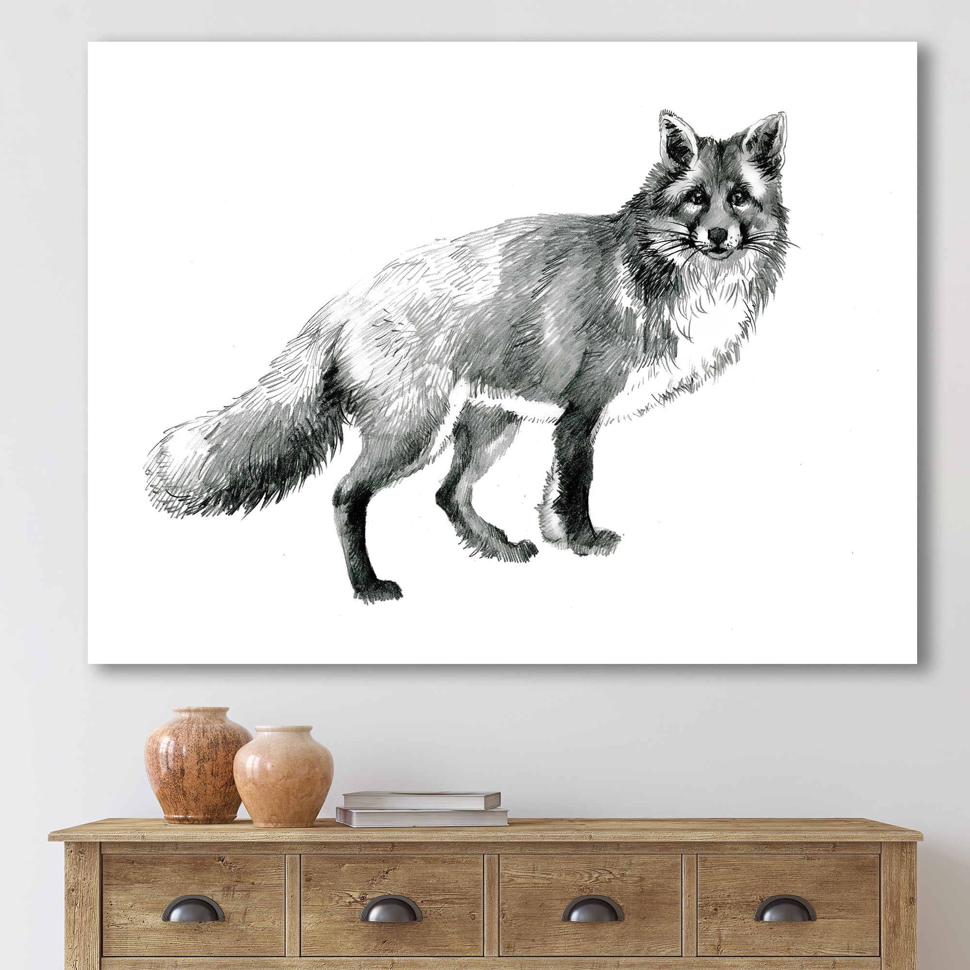 Designart ' Black and White Portrait Fox ' Farmhouse Canvas Wall Art Print