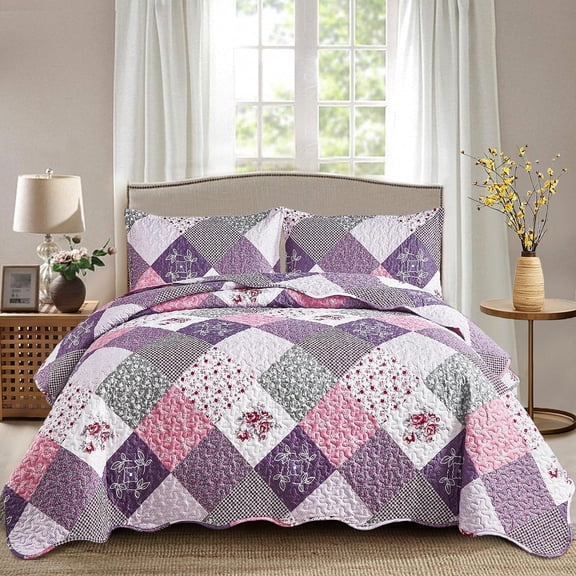 Purple Reversible Patchwork Quilt Set Queen Size