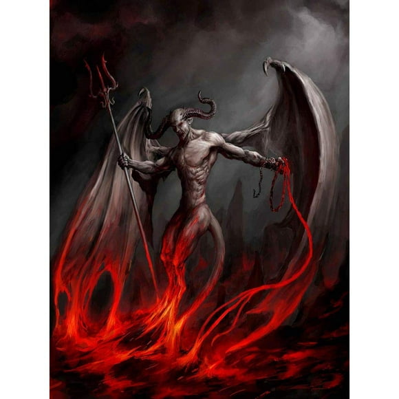 Peinture Démon Diable Chaîne de Feu Trident Ailes Cornes Monstre Affiche d'Art Mural Non Encadrée Décoration Maison Premium