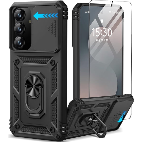 for Samsung Galaxy S25 FE Case with Screen Protector & Slide Camera Lens Cover, Built-in Magnetic Ring Stand Shockproof Protective Phone Case for Samsung S25 FE Case (Black)