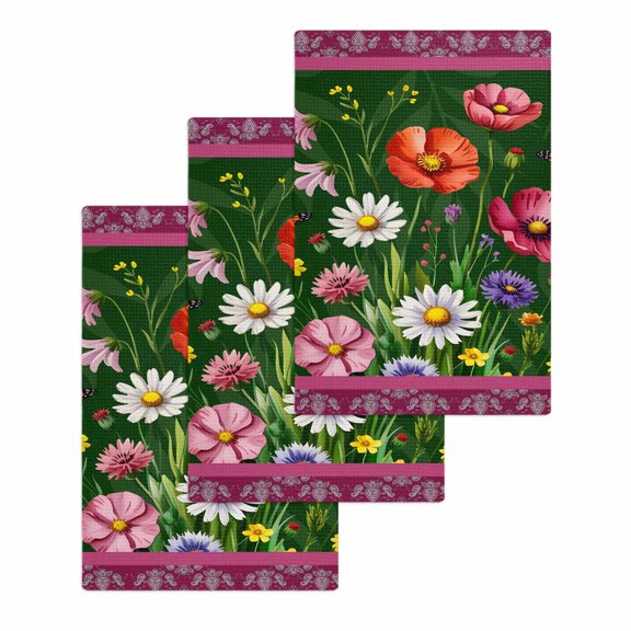 Spring Flowers Kitchen Dish Towels for Drying Dishes Set of 3, Purple Boho Farmhouse Botanical Florals Waffle Weave Microfiber Hand Tea Bathroom Towels Quick Dry & Absorbent Towel 15.7x23.6