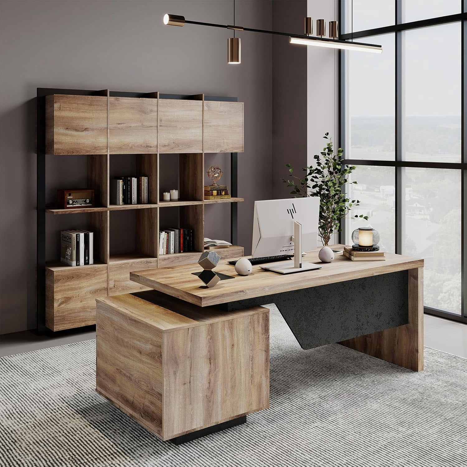 63" Executive Desk with Cabinet File Drawer Cable Management(Mahogany, Right)