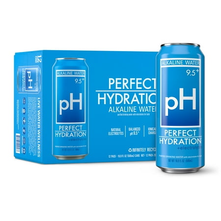 Perfect Hydration 9.5 pH Alkaline Water, Electrolytes for Taste, Recyclable Aluminum Cans, 16.9 Ounce Tallboy Cans, Pack of 12