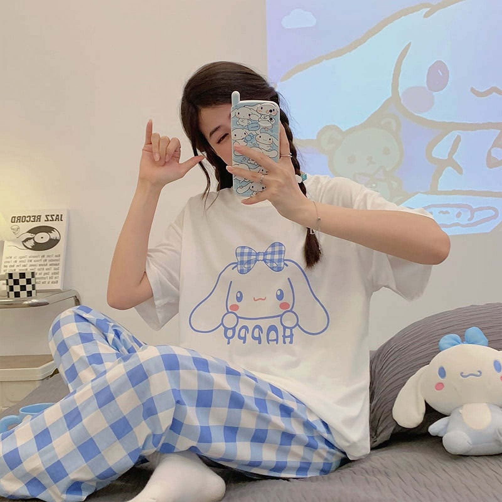 Takara Tomy Sanrio Hello Kitty Short Sleeve Trousers Pajamas Short Sleeve T Shirt Pure Cotton Girls Female Summer Loose T Shirts Pajama Set Other