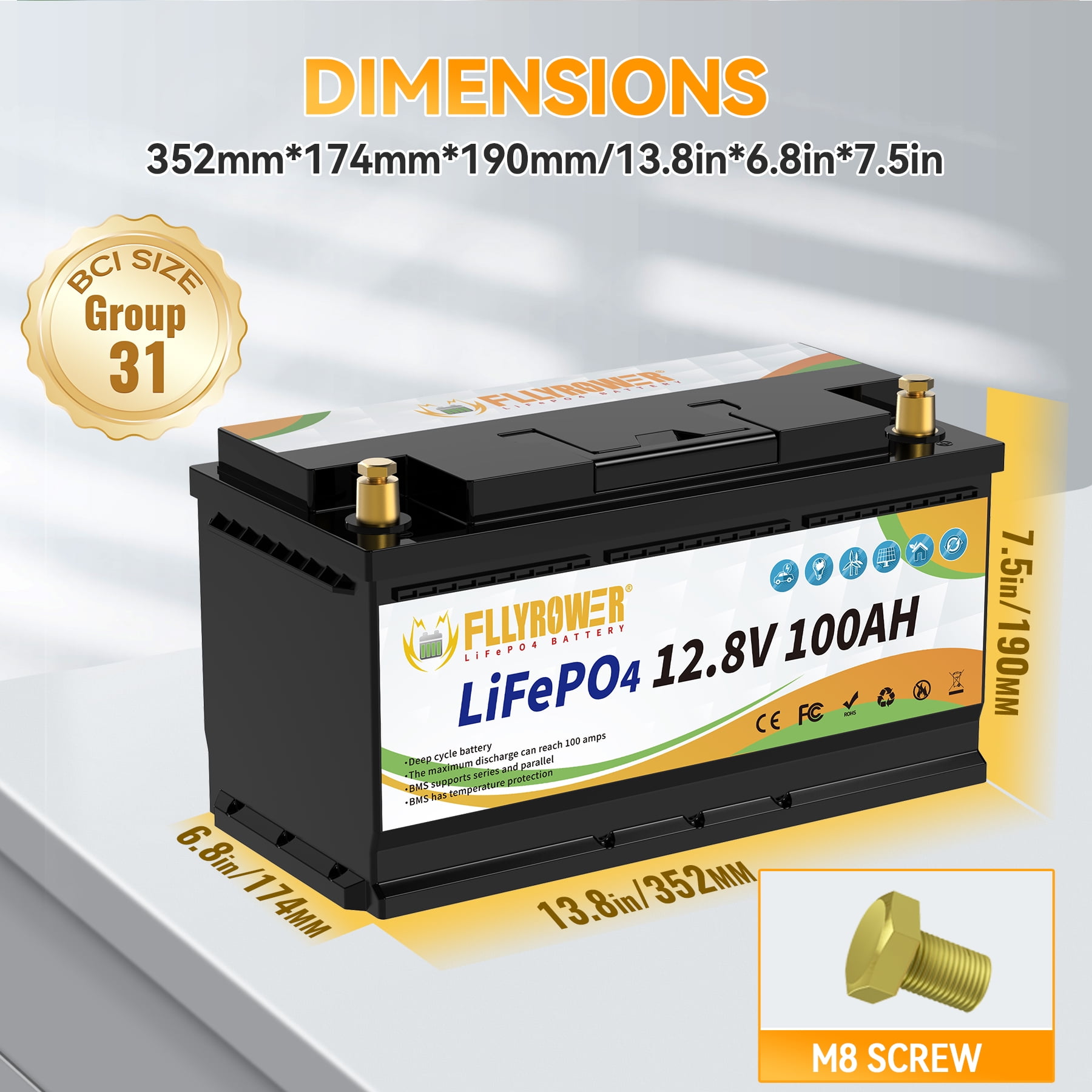 12V 100Ah LiFePO4 Lithium Battery with Charger,for RV,Marine,Solar,Trolling Motor,Camping,Home Energy Storage,Built in 100A BMS,15000+Deep Cycles