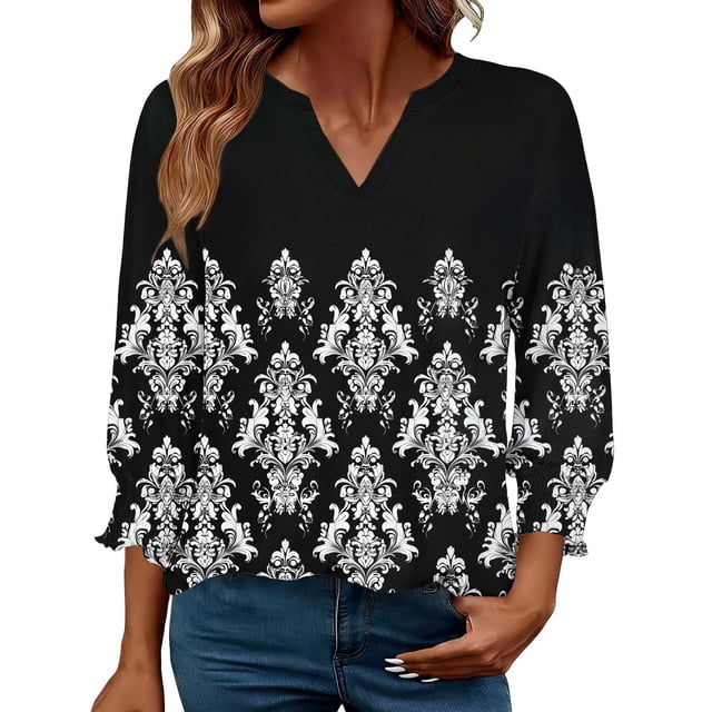 TaTaai Womens Casual Solid Color Blouse V-Neck 3/4 Length Sleeve with Smocked Cuffs Loose Fit Soft Flowy Fashion Top Lightweight for Spring Daily Vacation Gift