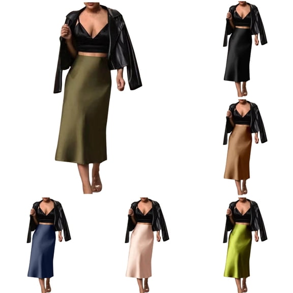 Womens Skirts Midi Length High Waisted Satin Silk Business Skirt Solid Color Slim Army Green Skirt