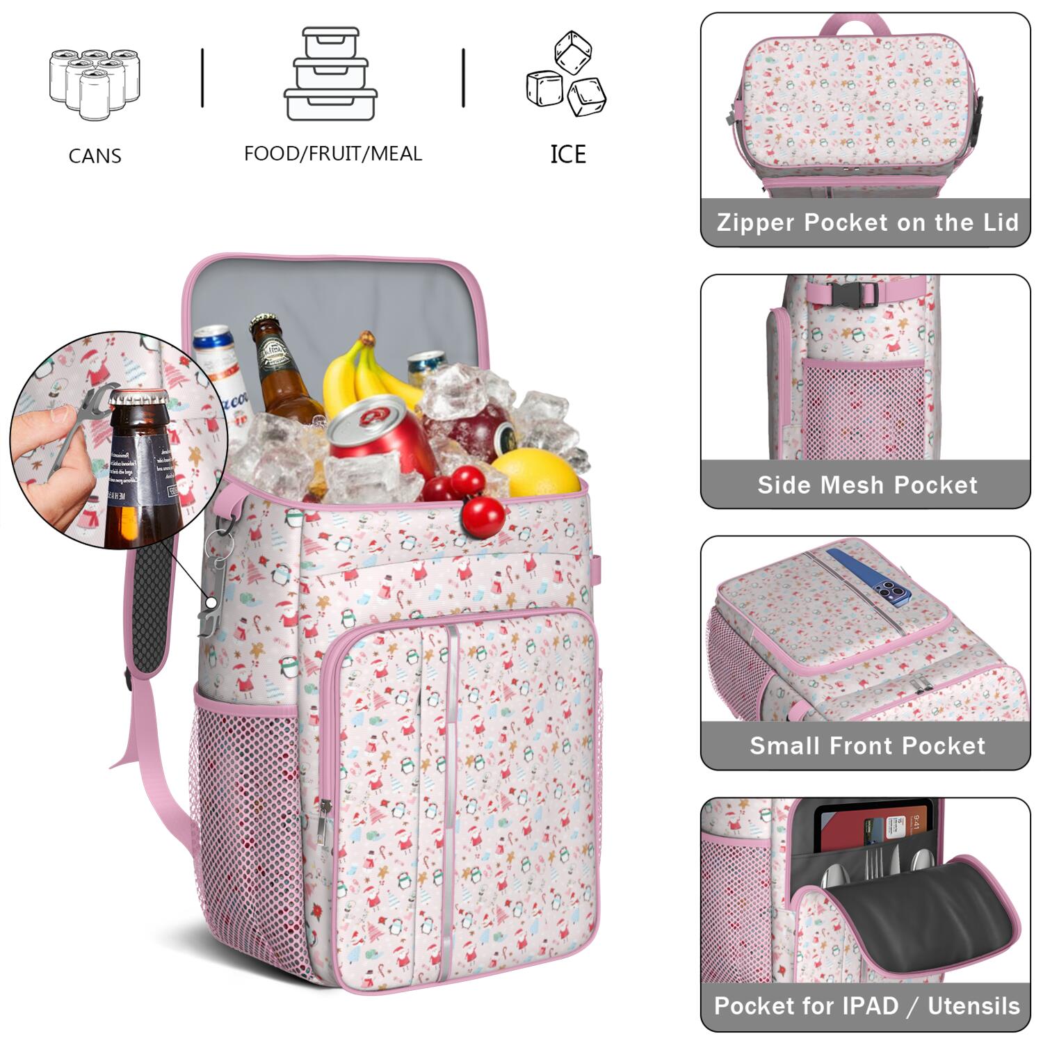 Travel Cooler Bag - Pink Christmas Santa and Penguin Pattern Camping Beer Cooler Backpack with Bottle Opener- Waterproof Insulated Picnic Backpacks - Cooler Bag for Beach
