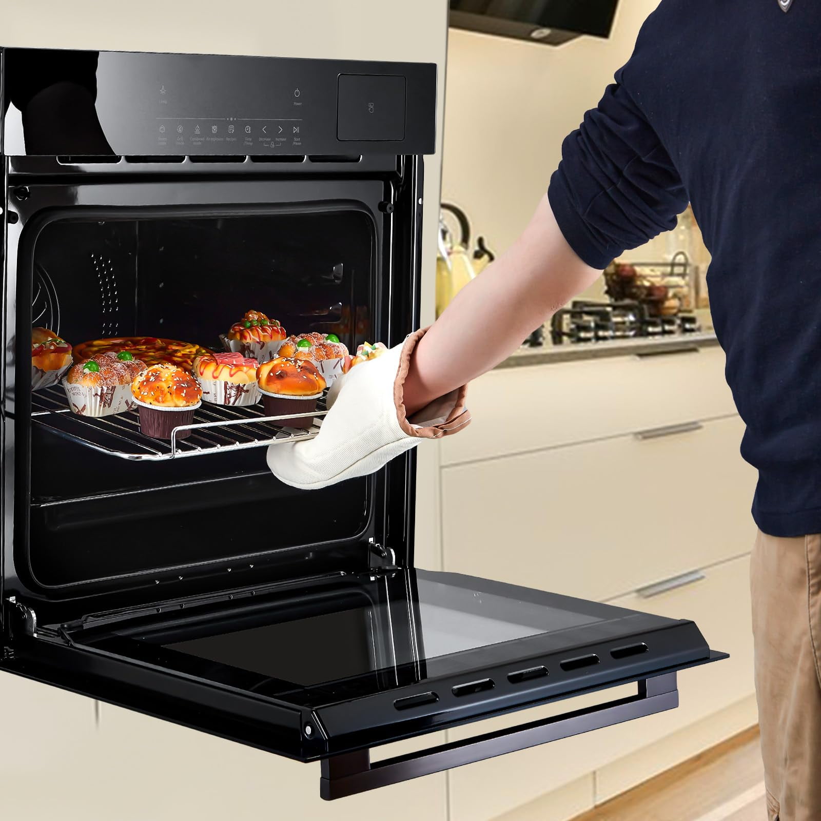 24" Electric Single Wall Oven, 2.5CF with 8 Baking Modes, Built-in Electric Convection Oven, with Air Frying Function, 3000w, 3D Surround Heating with Double-Layered Glass Door, Timer, Touch Control
