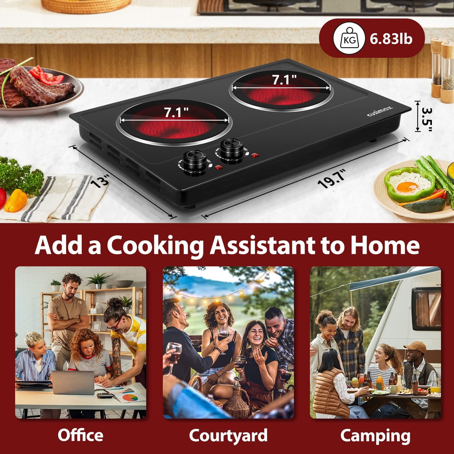 CUSIMAX 1800W Ceramic Electric Double Burner, Dual Control Infrared Cooktop, Portable, Glass Plate, Stainless Steel, Black.