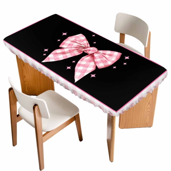 Pink Bowknot Table Cloths for 5 Foot Rectangle Tables, Shining Stars Vintage White Plaid Black Patio Waterproof Elastic Fitted Tablecloths, Washable Rectangular Table Cover for Camping