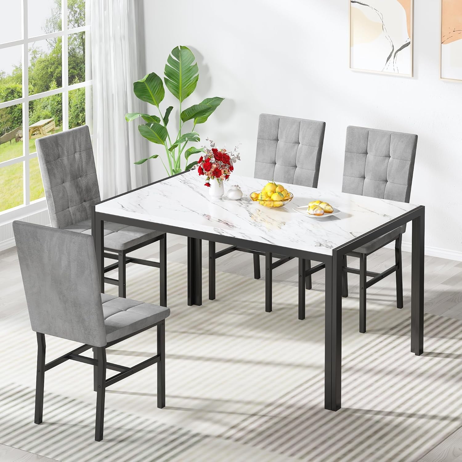 LinkRomat 5-Piece Faux Marble Dining Table Set for 4, Modern Kitchen Table with Chairs, Dinette Dining Room Furniture Set for Compact Space Saving