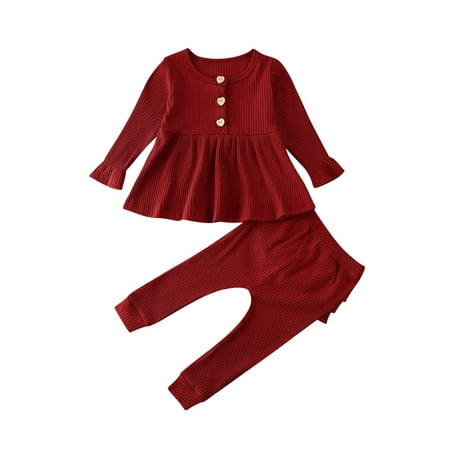 

Canrulo 2Pcs Newborn Infant Baby Girls Clothes Knitted Tops Dress+Ruffle Leggings Pants Outfits Wine Red 12-18 Months