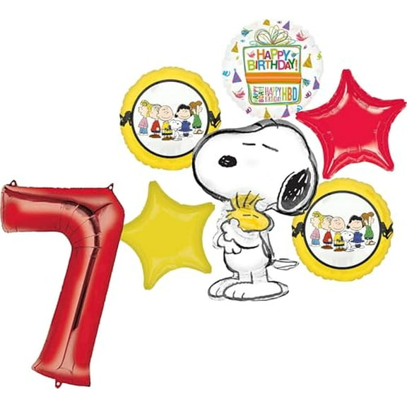 Anagram Peanuts 7th Birthday Party Supplies Snoopy and Friends 7pc Balloon Bouquet Decorations
