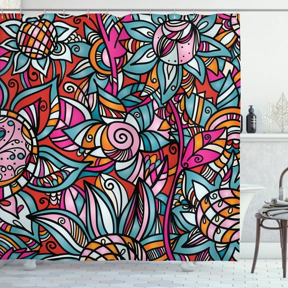 Urban Graffiti Shower Curtain, Abstract Graffiti of Shaded Floral Design Artistic Style Overlapping Flowers, Fabric Bathroom Set with Hooks, 69W X 84L Inches Extra Long, Multicolor, by Ambesonne