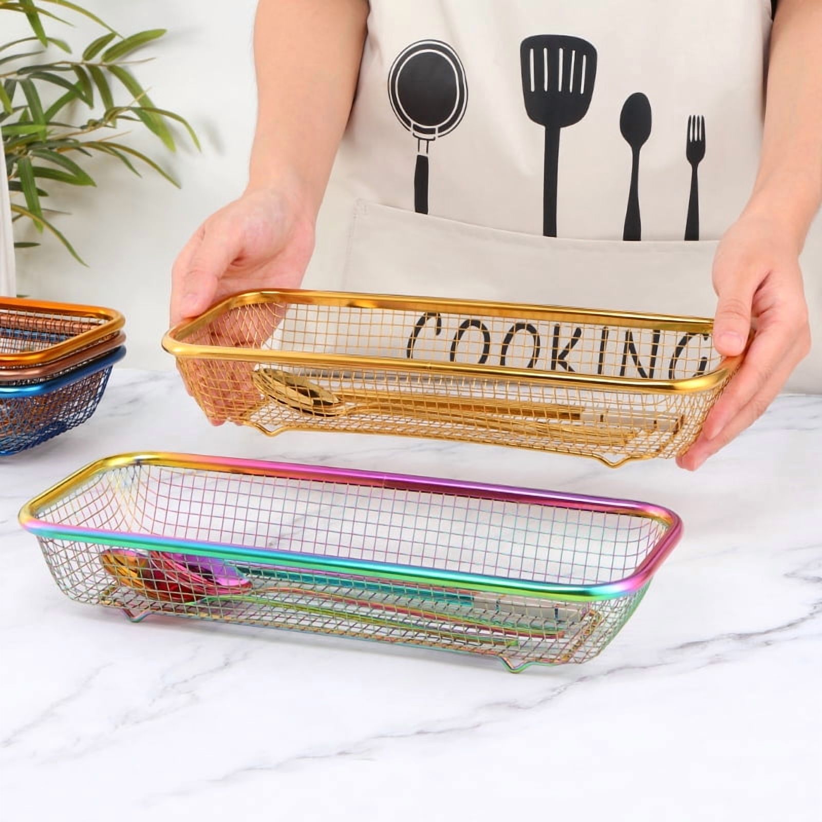 Buyer Star Silverware Drawer Organizer, Rainbow Mesh Kitchen Drawer Organizers, Iridescent Stackable Storage Basket Metal Utensil Holder for Flatware, 12.5"x5"x2.5", Pack of 4
