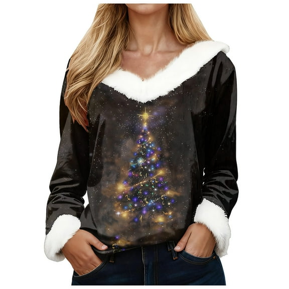 zaveiop Merry Christmas Sweaters for Women Faux Fur Trim 2025 V Neck Long Sleeve Holiday Pullover Sweatshirts Graphic Xmas (Light Purple, 3XL)