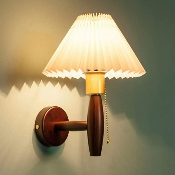 E27 Wooden All Bronze Wall Lamp PVC Lampshade Retro Wall Light with Pull Switch Corridor Lights Decoration Living Room Restaurant Cafe