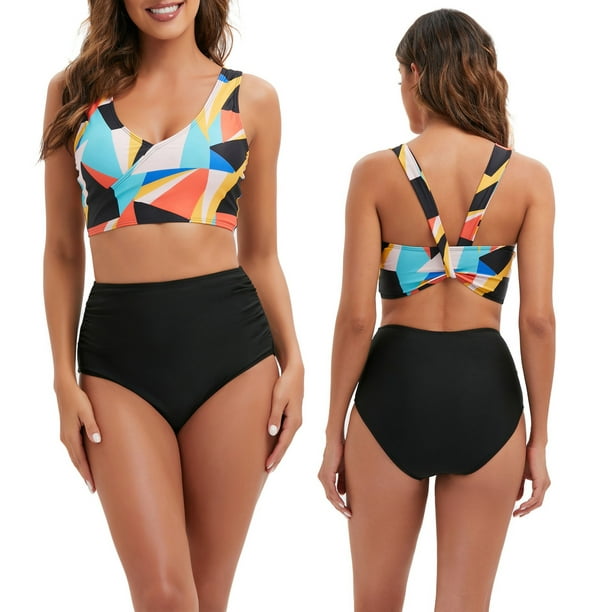 Halter Retro Print High Two Ruched Set Swimsuit Piece Vintage Bikini Women  Waist Swimwears Tankinis Striped Skirt