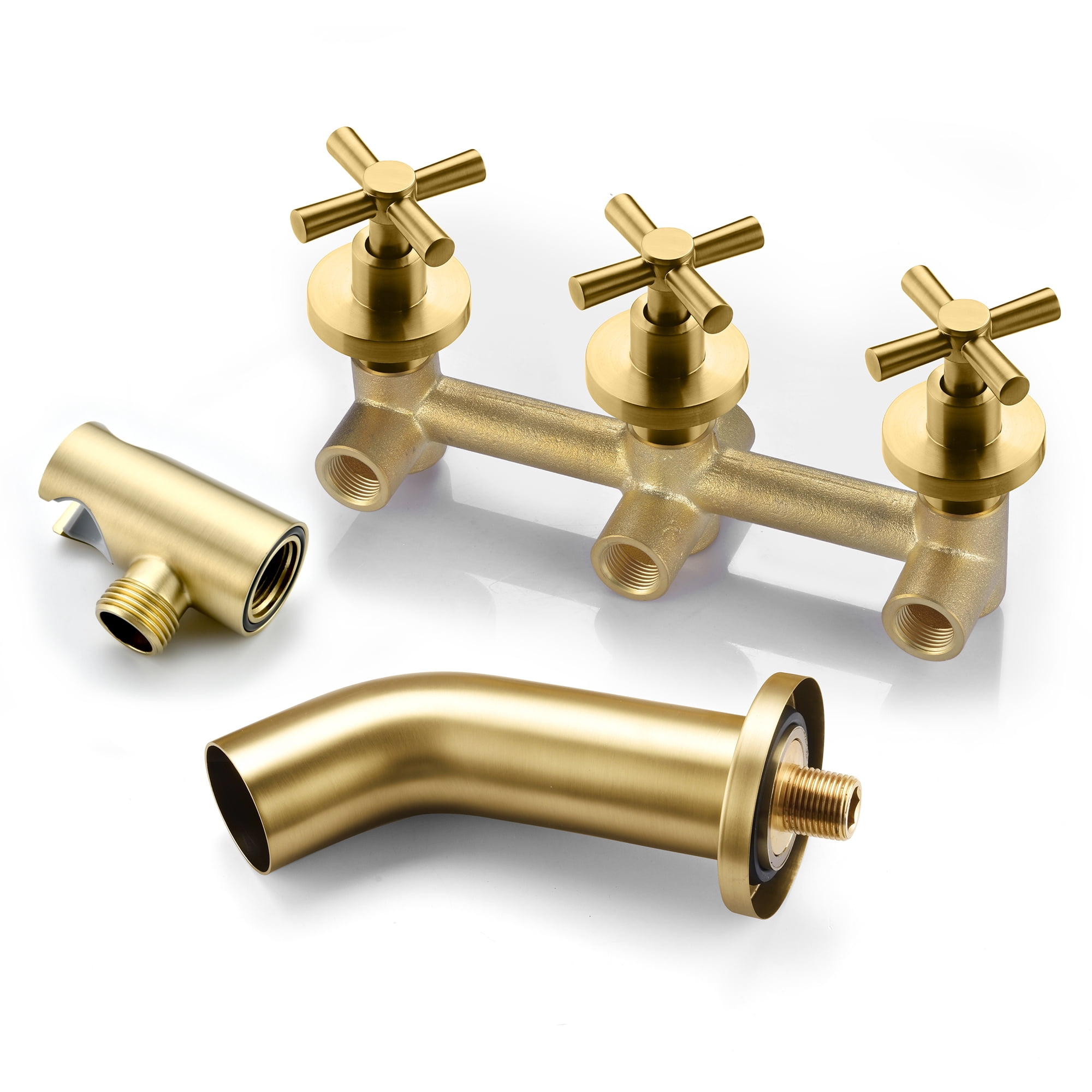 Brushed Gold Waterfall Wall Mount Tub Faucet with Hand Shower and Rough in Valve