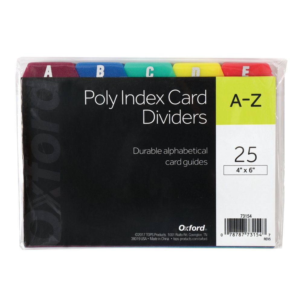 Oxford AZ Poly Index Card Guides, 4" x 6", 5Tab, Assorted, 25 Set