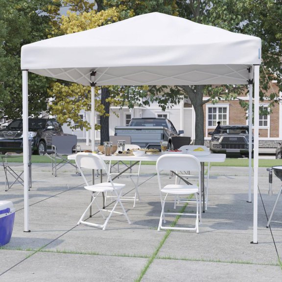 Tent Set - 8'x8' White Canopy Tent, 6-Foot Table, Set of 4 White Folding Chairs