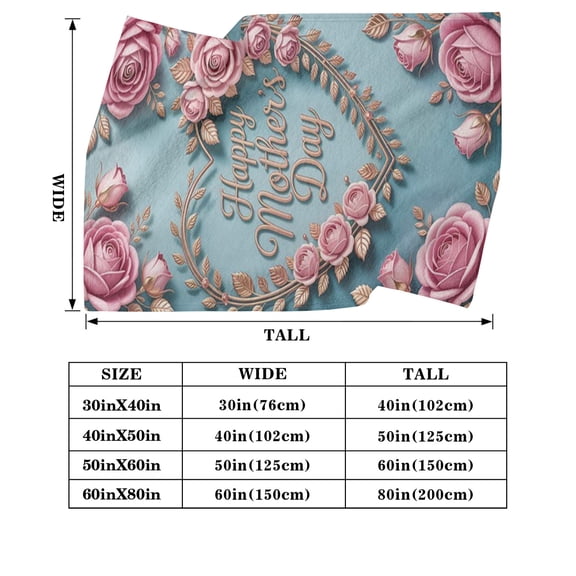 Happy Mother's Day 3D Pink Rose Heart Flannel Throw Blanket - Soft Teal Gold Leaf Blanket for Mother's Day Gift & Home Decor