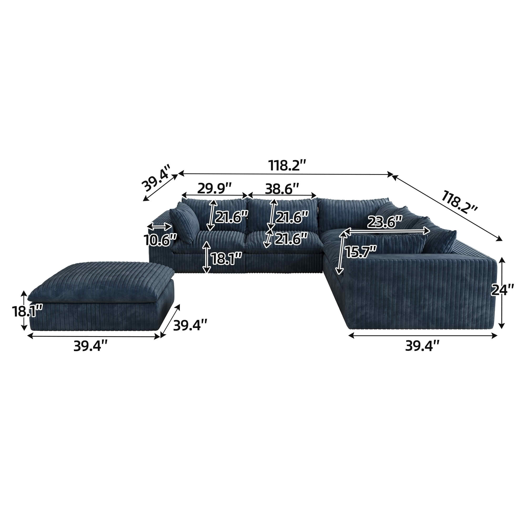 MAYEERTY 118.2" Cloud Corduroy Sofa, Deep Seat Double-Layer Design, Removable Cushion No Assembly, DIY Combination, Blue