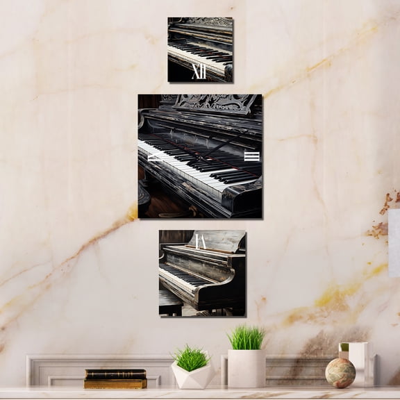 Designart "Serenity in Black and White Piano Keys" Music Extra large Clock For Office Décor - Large Traditional Wall Clock - Oversized Grey Wall Clock - Set Of 3