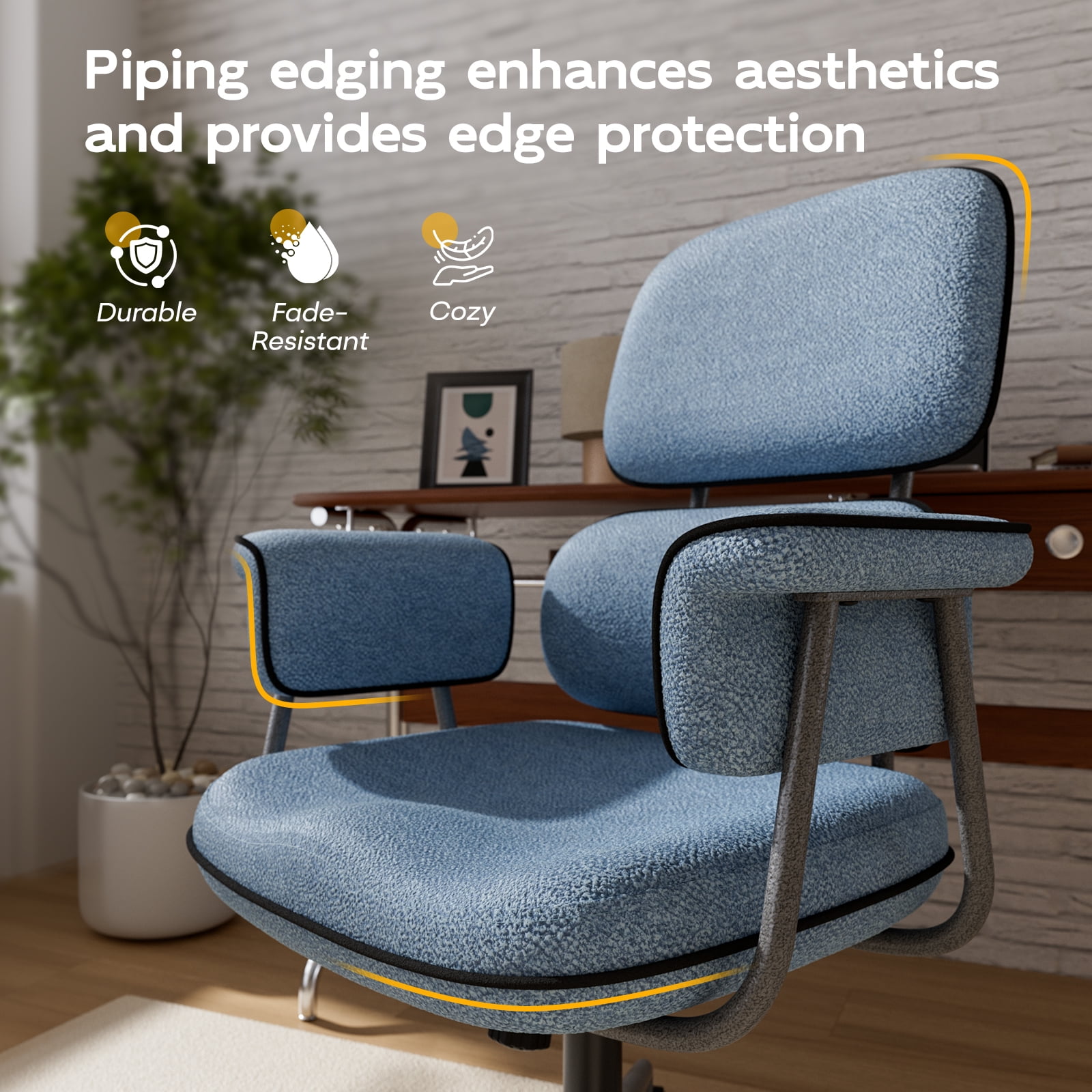 HomeZeer Executive Mid Century Modern Office Chair, Blue Linen Fabric with Memory Foam Wide Seat, Split Back, Padded Arms & Adjustable Height, Vintage Desk Chair for Home Office, Wheels Included