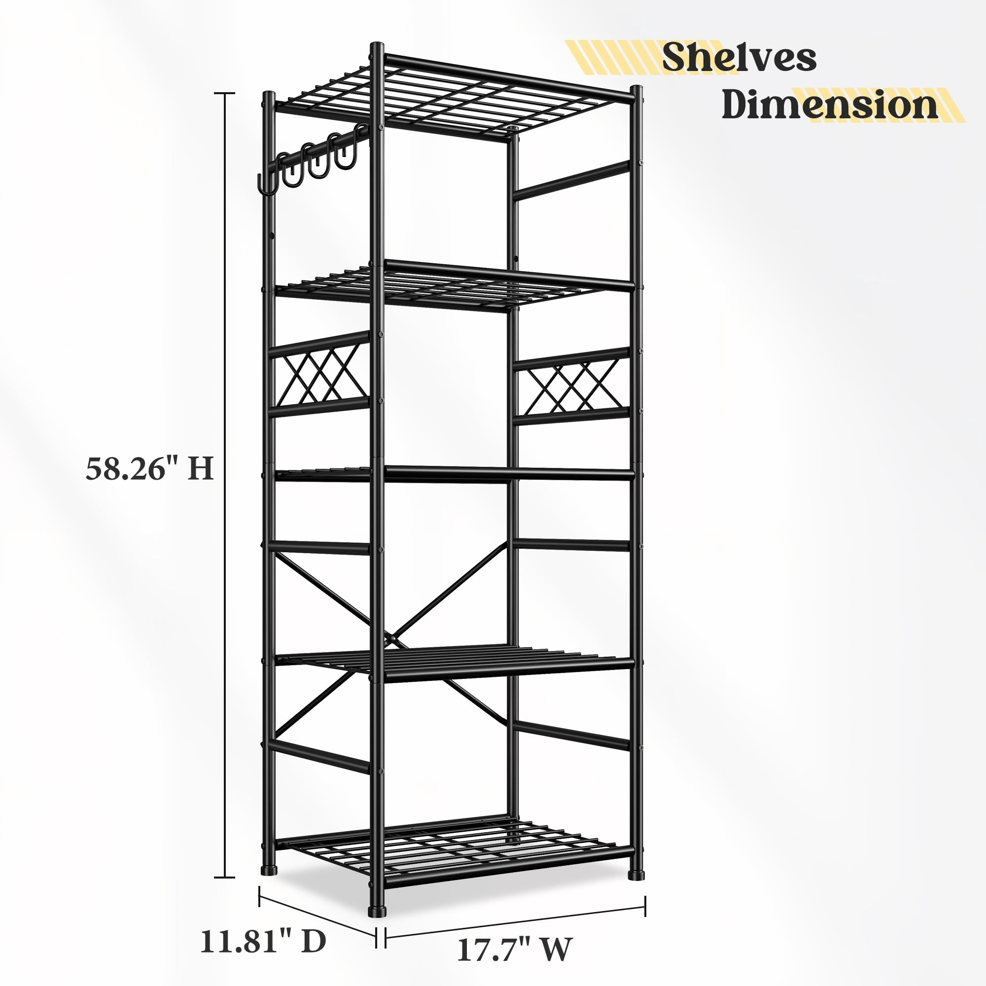 REIBII 5-Tier Metal Wire Shelf with 4 Hooks, 17.7" W x 11.8" D x 58.3" H, 550 lb Total Capacity