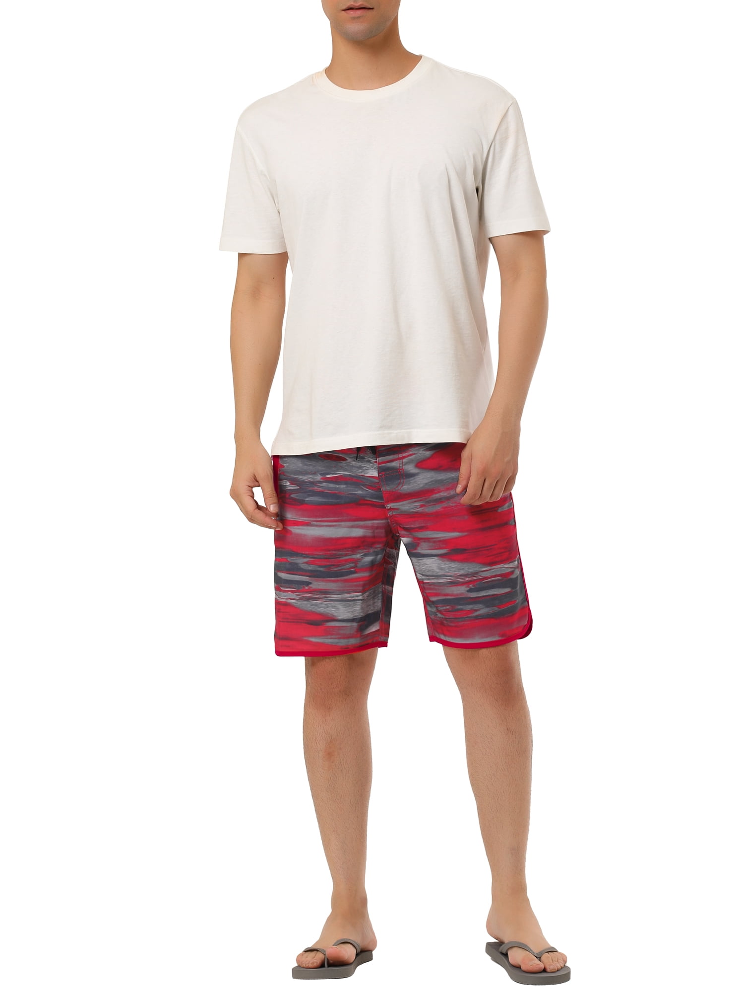 Unique Bargains Men's Drawstring Waist Swim Shorts Printed Summer Shorts 34 Camouflage Red