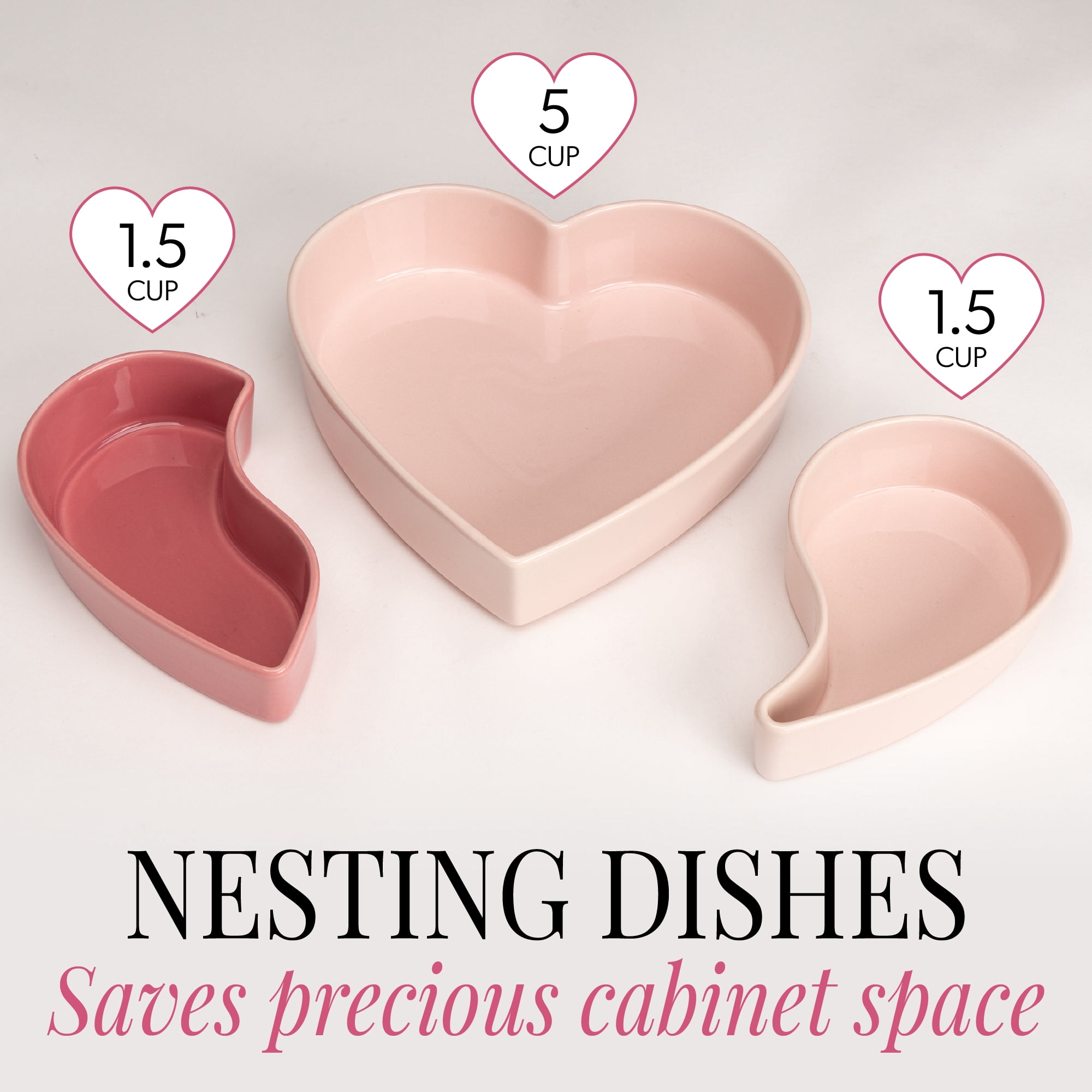 Paris Hilton 3-Piece Stoneware Heart Shaped Serving Dish Set, 5-Cup and 1.5-Cup Dishes, Microwave & Dishwasher Safe, Pink
