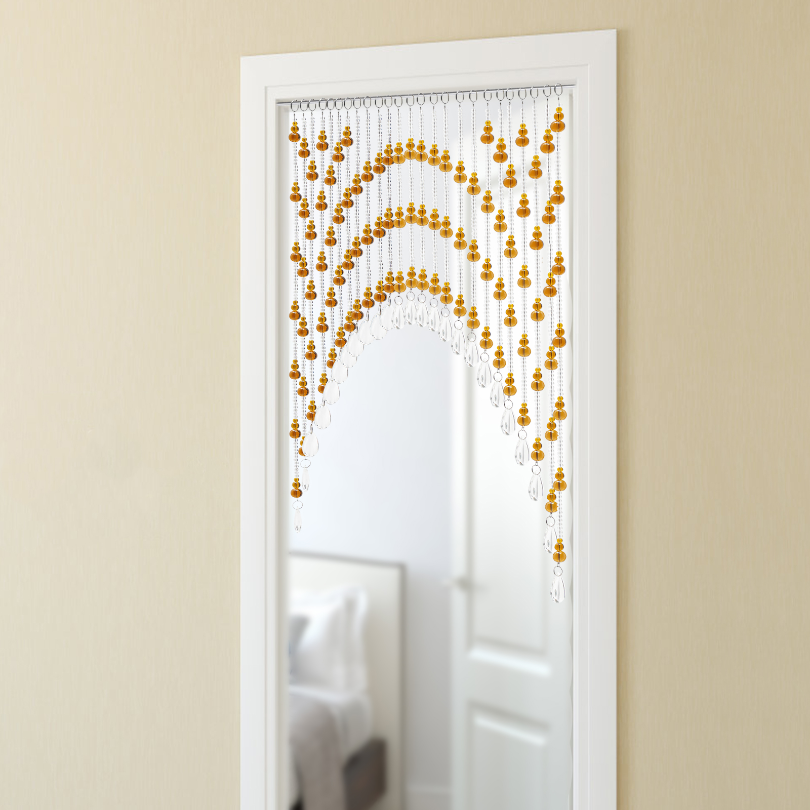23.6" High Clear Crystal Door Beads Beaded Curtains for Doorways Windows Arched w/ Adhesive Hook Amber