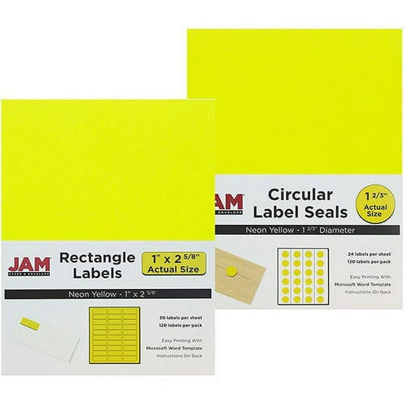 JAM Paper Mailing Labels, Combo Set, 1 x 2 5/8 Rectangle & 1 2/3 Circular, Neon Yellow