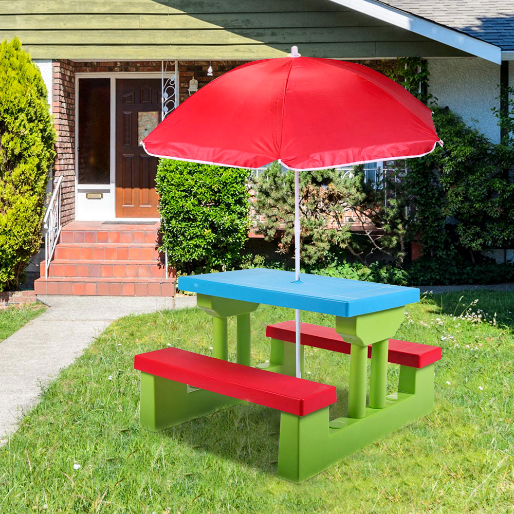 Kids Picnic Table Set with Umbrella, BTMWAY Toddler Table and Chairs Set, Outdoor Kids Picnic Table with 2 Benches, Portable Picnic Table Bench Set for Garden, Backyard, Patio, Red/Blue/Green, R2119 - image 1 of 8