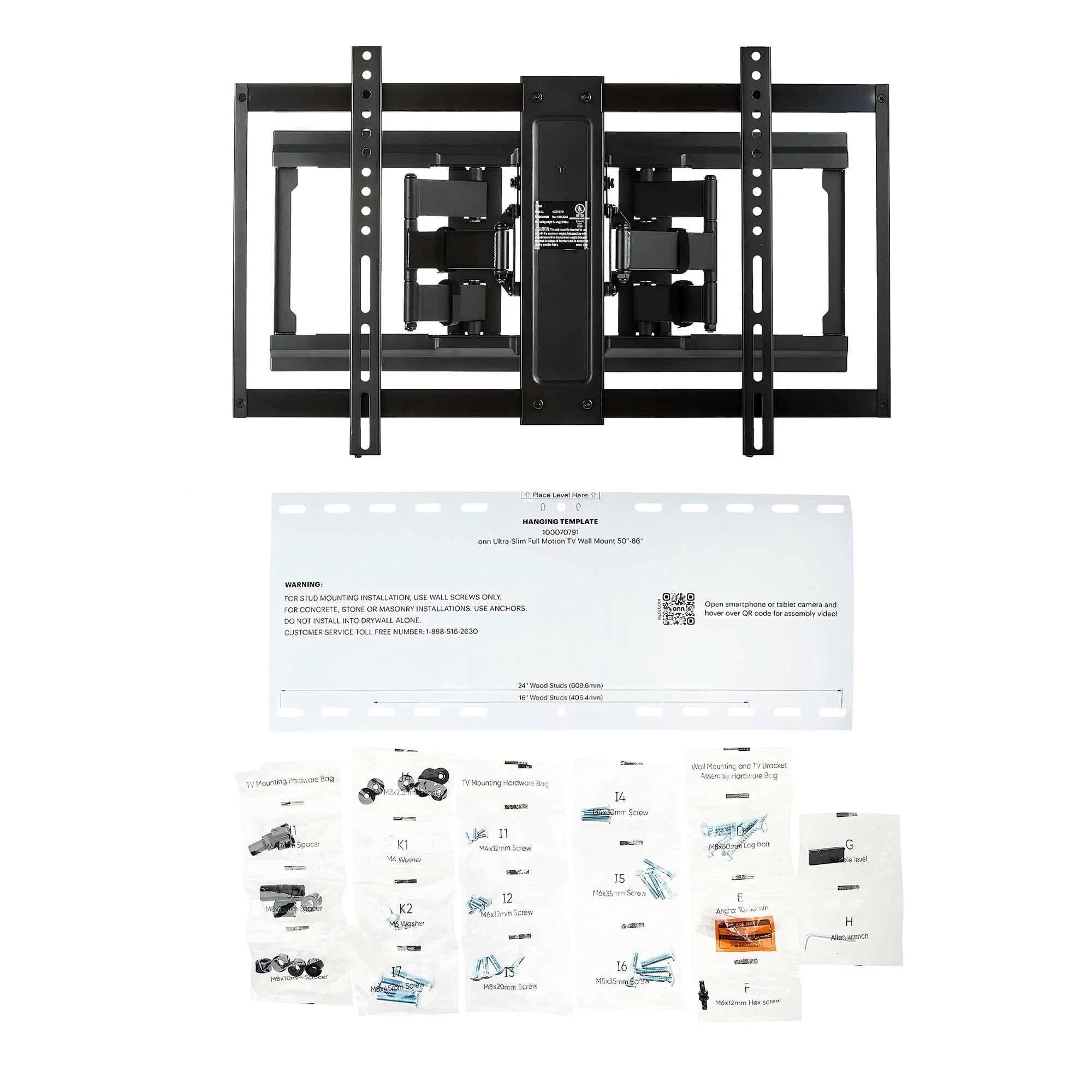 onn Ultra-slim Full Motion TV Wall Mount for 50 in to 86 in TVs, UL Listed